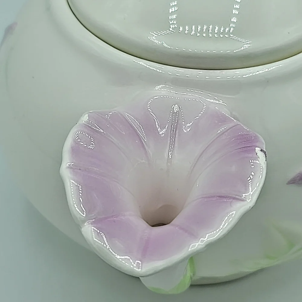 Teleflora Morning Glory Ceramic Teapot Pink Purple Floral Collectible 80s Vtg